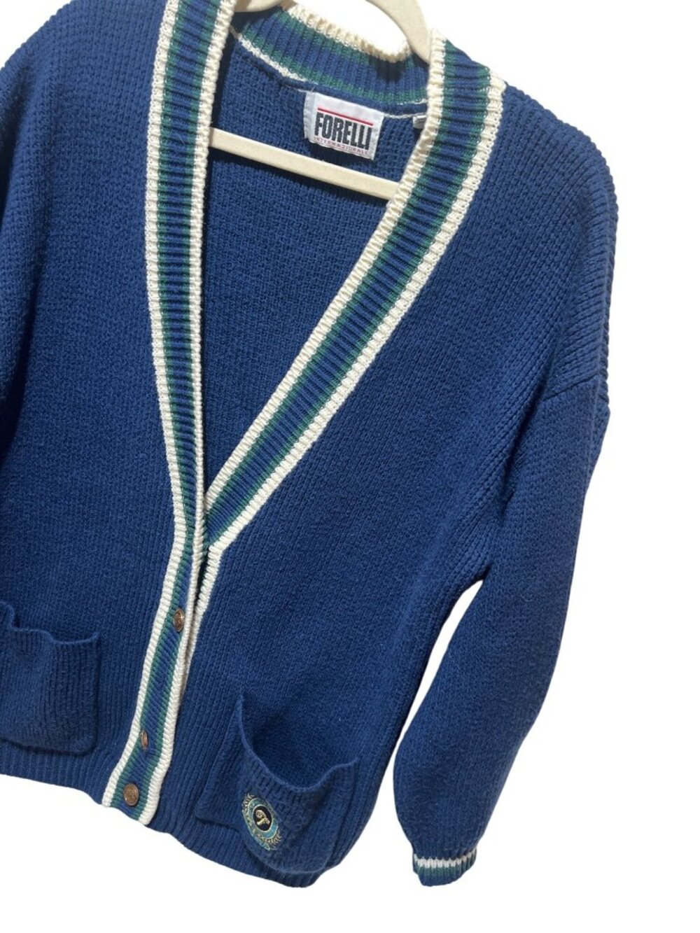 Vintage Forelli Varsity Style Cardigan Sweater With Embroidered Crest Patch Blue